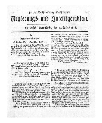 Herzogl.-Sachsen-Coburg-Saalfeldisches Regierungs- und Intelligenzblatt (Coburger Regierungs-Blatt) Samstag 20. Juli 1816