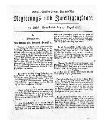 Herzogl.-Sachsen-Coburg-Saalfeldisches Regierungs- und Intelligenzblatt (Coburger Regierungs-Blatt) Samstag 17. August 1816