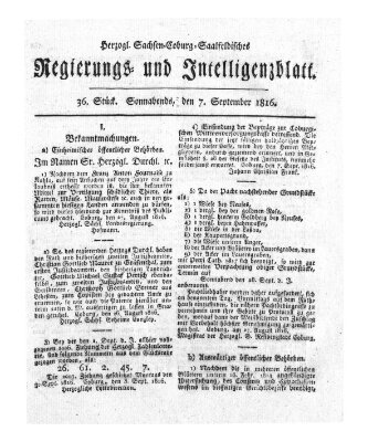 Herzogl.-Sachsen-Coburg-Saalfeldisches Regierungs- und Intelligenzblatt (Coburger Regierungs-Blatt) Samstag 7. September 1816