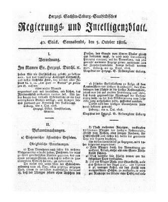 Herzogl.-Sachsen-Coburg-Saalfeldisches Regierungs- und Intelligenzblatt (Coburger Regierungs-Blatt) Samstag 5. Oktober 1816