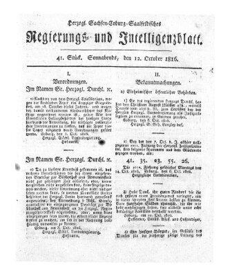 Herzogl.-Sachsen-Coburg-Saalfeldisches Regierungs- und Intelligenzblatt (Coburger Regierungs-Blatt) Samstag 12. Oktober 1816