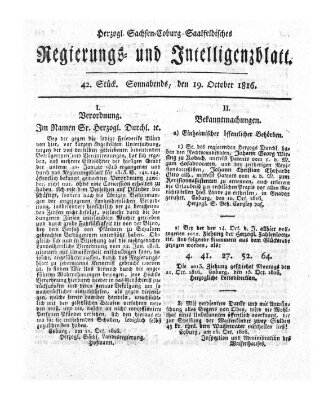 Herzogl.-Sachsen-Coburg-Saalfeldisches Regierungs- und Intelligenzblatt (Coburger Regierungs-Blatt) Samstag 19. Oktober 1816