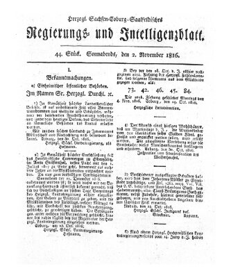 Herzogl.-Sachsen-Coburg-Saalfeldisches Regierungs- und Intelligenzblatt (Coburger Regierungs-Blatt) Samstag 2. November 1816