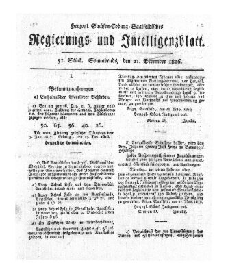 Herzogl.-Sachsen-Coburg-Saalfeldisches Regierungs- und Intelligenzblatt (Coburger Regierungs-Blatt) Samstag 21. Dezember 1816