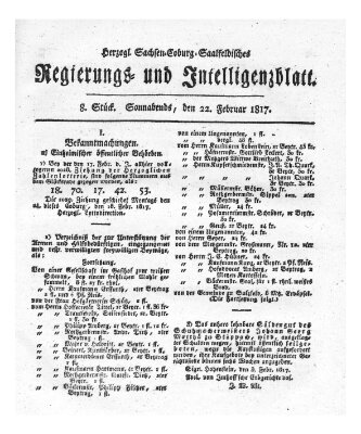 Herzogl.-Sachsen-Coburg-Saalfeldisches Regierungs- und Intelligenzblatt (Coburger Regierungs-Blatt) Samstag 22. Februar 1817