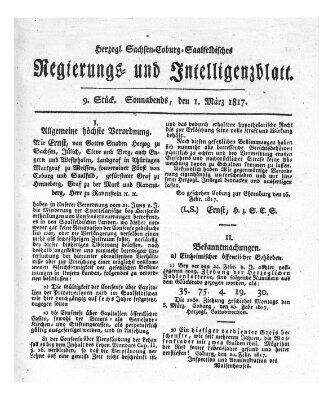 Herzogl.-Sachsen-Coburg-Saalfeldisches Regierungs- und Intelligenzblatt (Coburger Regierungs-Blatt) Samstag 1. März 1817