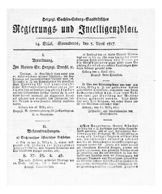 Herzogl.-Sachsen-Coburg-Saalfeldisches Regierungs- und Intelligenzblatt (Coburger Regierungs-Blatt) Samstag 5. April 1817