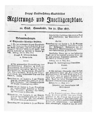 Herzogl.-Sachsen-Coburg-Saalfeldisches Regierungs- und Intelligenzblatt (Coburger Regierungs-Blatt) Samstag 31. Mai 1817