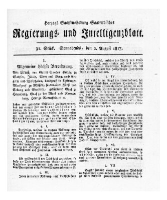 Herzogl.-Sachsen-Coburg-Saalfeldisches Regierungs- und Intelligenzblatt (Coburger Regierungs-Blatt) Samstag 2. August 1817