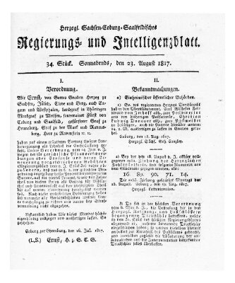 Herzogl.-Sachsen-Coburg-Saalfeldisches Regierungs- und Intelligenzblatt (Coburger Regierungs-Blatt) Samstag 23. August 1817