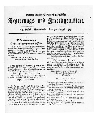 Herzogl.-Sachsen-Coburg-Saalfeldisches Regierungs- und Intelligenzblatt (Coburger Regierungs-Blatt) Samstag 30. August 1817