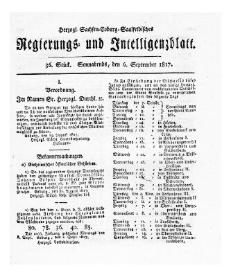 Herzogl.-Sachsen-Coburg-Saalfeldisches Regierungs- und Intelligenzblatt (Coburger Regierungs-Blatt) Samstag 6. September 1817