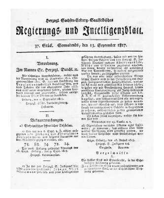 Herzogl.-Sachsen-Coburg-Saalfeldisches Regierungs- und Intelligenzblatt (Coburger Regierungs-Blatt) Samstag 13. September 1817