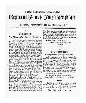 Herzogl.-Sachsen-Coburg-Saalfeldisches Regierungs- und Intelligenzblatt (Coburger Regierungs-Blatt) Samstag 22. November 1817