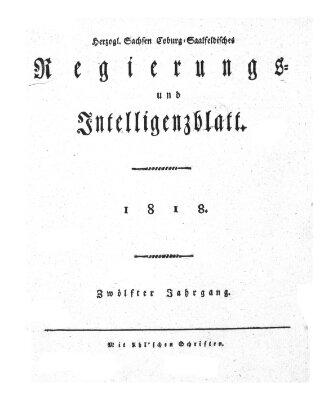 Herzogl.-Sachsen-Coburg-Saalfeldisches Regierungs- und Intelligenzblatt (Coburger Regierungs-Blatt) Samstag 3. Januar 1818