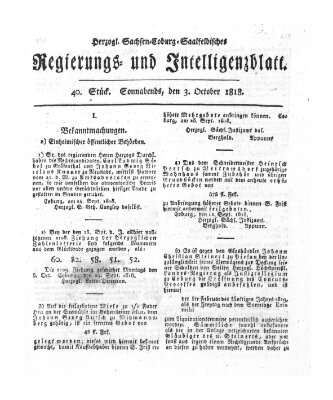 Herzogl.-Sachsen-Coburg-Saalfeldisches Regierungs- und Intelligenzblatt (Coburger Regierungs-Blatt) Samstag 3. Oktober 1818