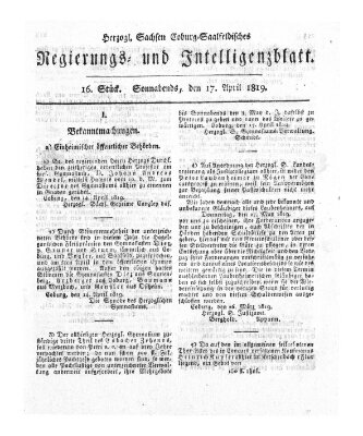 Herzogl.-Sachsen-Coburg-Saalfeldisches Regierungs- und Intelligenzblatt (Coburger Regierungs-Blatt) Donnerstag 15. April 1819