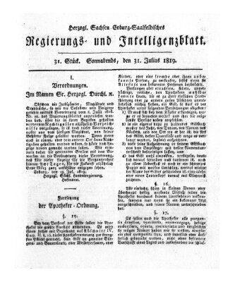 Herzogl.-Sachsen-Coburg-Saalfeldisches Regierungs- und Intelligenzblatt (Coburger Regierungs-Blatt) Samstag 31. Juli 1819