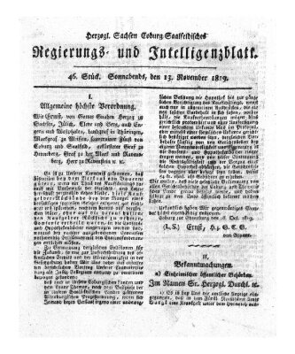 Herzogl.-Sachsen-Coburg-Saalfeldisches Regierungs- und Intelligenzblatt (Coburger Regierungs-Blatt) Samstag 13. November 1819