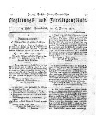 Herzogl.-Sachsen-Coburg-Saalfeldisches Regierungs- und Intelligenzblatt (Coburger Regierungs-Blatt) Samstag 26. Februar 1820