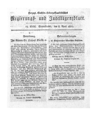 Herzogl.-Sachsen-Coburg-Saalfeldisches Regierungs- und Intelligenzblatt (Coburger Regierungs-Blatt) Samstag 8. April 1820