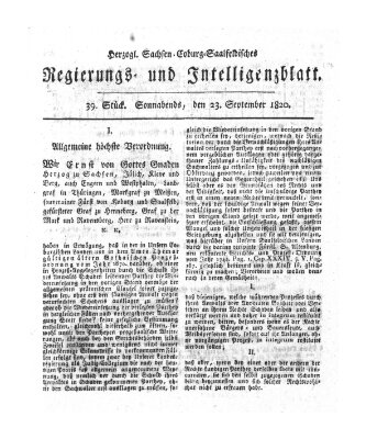 Herzogl.-Sachsen-Coburg-Saalfeldisches Regierungs- und Intelligenzblatt (Coburger Regierungs-Blatt) Samstag 23. September 1820