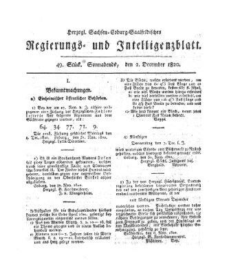 Herzogl.-Sachsen-Coburg-Saalfeldisches Regierungs- und Intelligenzblatt (Coburger Regierungs-Blatt) Samstag 2. Dezember 1820