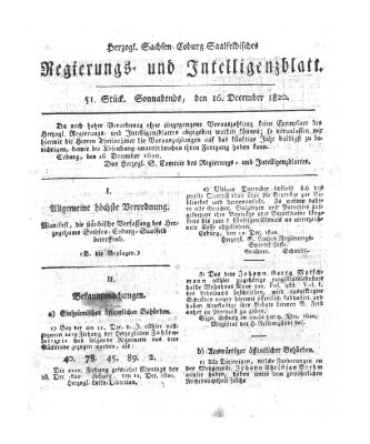 Herzogl.-Sachsen-Coburg-Saalfeldisches Regierungs- und Intelligenzblatt (Coburger Regierungs-Blatt) Samstag 16. Dezember 1820