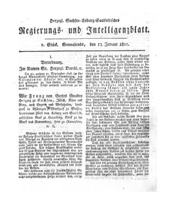 Herzogl.-Sachsen-Coburg-Saalfeldisches Regierungs- und Intelligenzblatt (Coburger Regierungs-Blatt) Samstag 13. Januar 1821