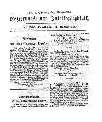 Herzogl.-Sachsen-Coburg-Saalfeldisches Regierungs- und Intelligenzblatt (Coburger Regierungs-Blatt) Samstag 10. März 1821