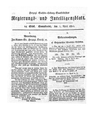 Herzogl.-Sachsen-Coburg-Saalfeldisches Regierungs- und Intelligenzblatt (Coburger Regierungs-Blatt) Samstag 7. April 1821