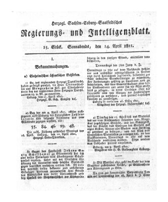 Herzogl.-Sachsen-Coburg-Saalfeldisches Regierungs- und Intelligenzblatt (Coburger Regierungs-Blatt) Samstag 14. April 1821