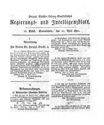 Herzogl.-Sachsen-Coburg-Saalfeldisches Regierungs- und Intelligenzblatt (Coburger Regierungs-Blatt) Samstag 21. April 1821