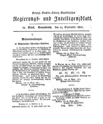 Herzogl.-Sachsen-Coburg-Saalfeldisches Regierungs- und Intelligenzblatt (Coburger Regierungs-Blatt) Samstag 29. September 1821