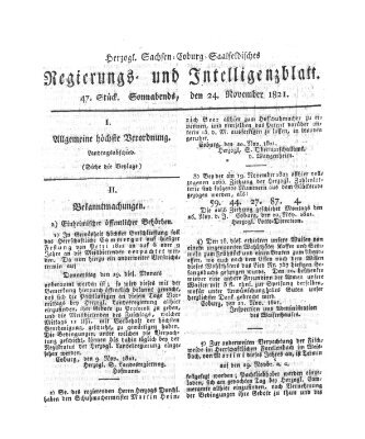 Herzogl.-Sachsen-Coburg-Saalfeldisches Regierungs- und Intelligenzblatt (Coburger Regierungs-Blatt) Samstag 24. November 1821