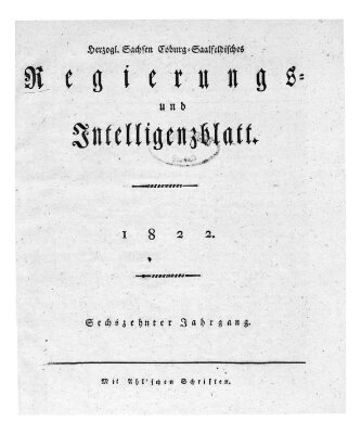 Herzogl.-Sachsen-Coburg-Saalfeldisches Regierungs- und Intelligenzblatt (Coburger Regierungs-Blatt) Samstag 5. Januar 1822