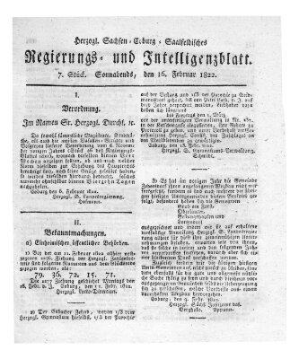 Herzogl.-Sachsen-Coburg-Saalfeldisches Regierungs- und Intelligenzblatt (Coburger Regierungs-Blatt) Samstag 16. Februar 1822