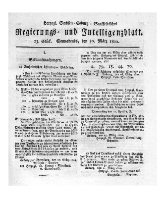 Herzogl.-Sachsen-Coburg-Saalfeldisches Regierungs- und Intelligenzblatt (Coburger Regierungs-Blatt) Samstag 30. März 1822