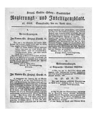 Herzogl.-Sachsen-Coburg-Saalfeldisches Regierungs- und Intelligenzblatt (Coburger Regierungs-Blatt) Samstag 20. April 1822