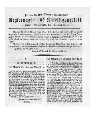 Herzogl.-Sachsen-Coburg-Saalfeldisches Regierungs- und Intelligenzblatt (Coburger Regierungs-Blatt) Samstag 15. Juni 1822