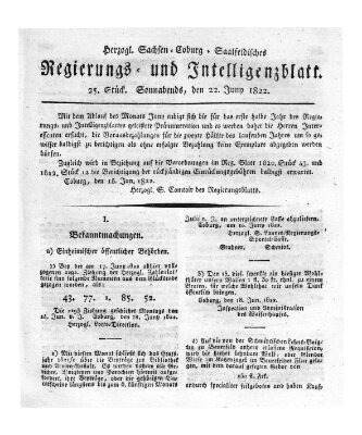 Herzogl.-Sachsen-Coburg-Saalfeldisches Regierungs- und Intelligenzblatt (Coburger Regierungs-Blatt) Samstag 22. Juni 1822