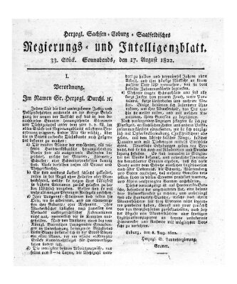 Herzogl.-Sachsen-Coburg-Saalfeldisches Regierungs- und Intelligenzblatt (Coburger Regierungs-Blatt) Samstag 17. August 1822