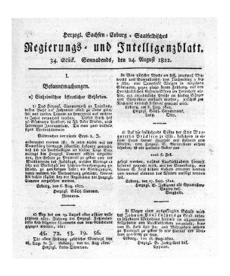 Herzogl.-Sachsen-Coburg-Saalfeldisches Regierungs- und Intelligenzblatt (Coburger Regierungs-Blatt) Samstag 24. August 1822