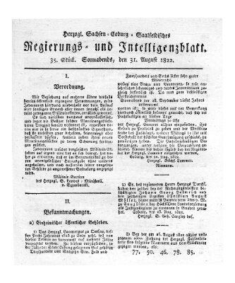 Herzogl.-Sachsen-Coburg-Saalfeldisches Regierungs- und Intelligenzblatt (Coburger Regierungs-Blatt) Samstag 31. August 1822