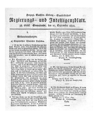 Herzogl.-Sachsen-Coburg-Saalfeldisches Regierungs- und Intelligenzblatt (Coburger Regierungs-Blatt) Samstag 21. September 1822