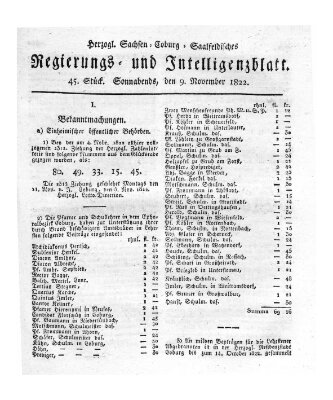 Herzogl.-Sachsen-Coburg-Saalfeldisches Regierungs- und Intelligenzblatt (Coburger Regierungs-Blatt) Samstag 9. November 1822