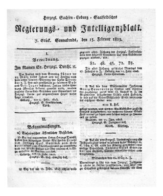 Herzogl.-Sachsen-Coburg-Saalfeldisches Regierungs- und Intelligenzblatt (Coburger Regierungs-Blatt) Samstag 15. Februar 1823