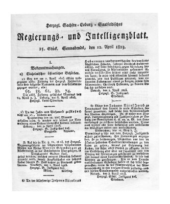 Herzogl.-Sachsen-Coburg-Saalfeldisches Regierungs- und Intelligenzblatt (Coburger Regierungs-Blatt) Samstag 12. April 1823