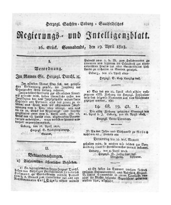 Herzogl.-Sachsen-Coburg-Saalfeldisches Regierungs- und Intelligenzblatt (Coburger Regierungs-Blatt) Samstag 19. April 1823