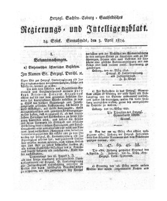 Herzogl.-Sachsen-Coburg-Saalfeldisches Regierungs- und Intelligenzblatt (Coburger Regierungs-Blatt) Samstag 3. April 1824